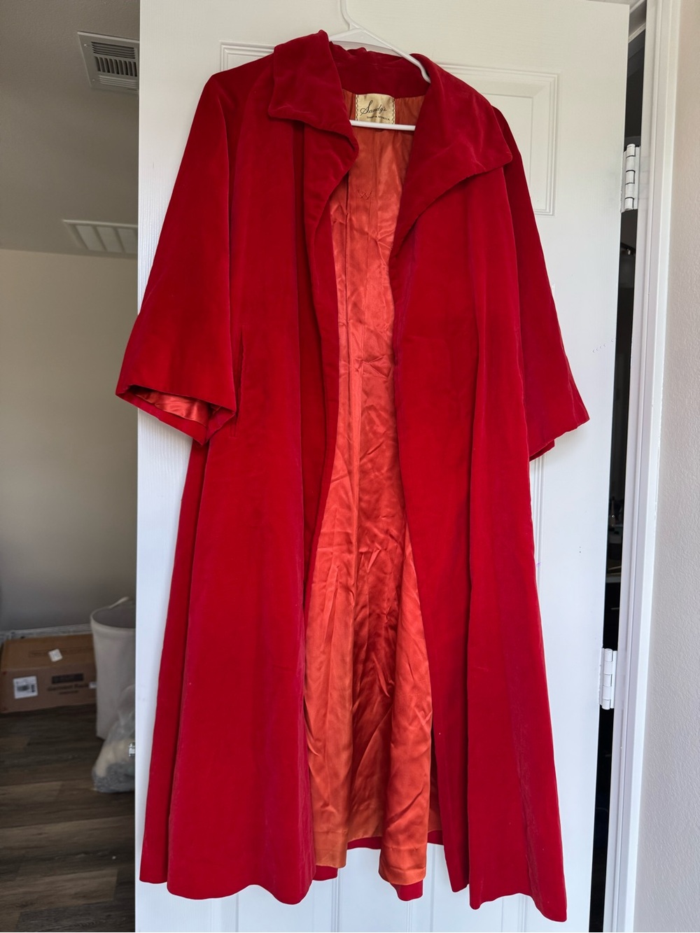 Vintage 70s Sandy's Santa Monica Red Velvet Swing Coat Duster M/L